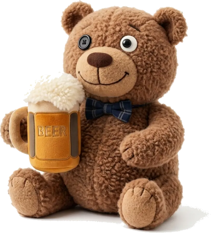 bbeearr sitting upright with a felt mug he has never put down, bow tie already tied
